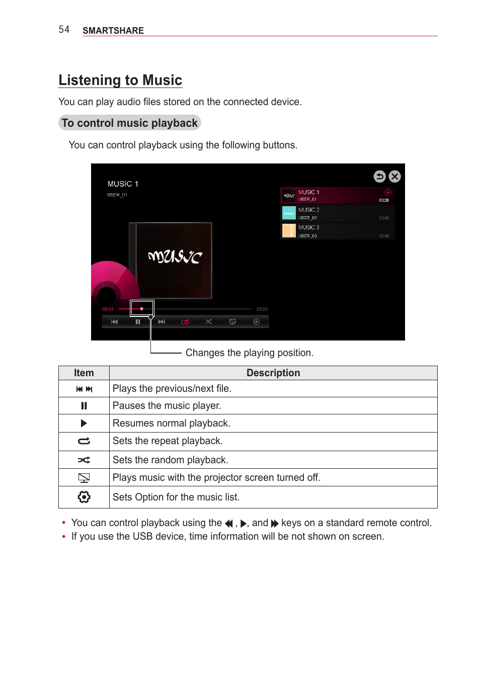 Listening to music | LG PF85U User Manual | Page 54 / 120