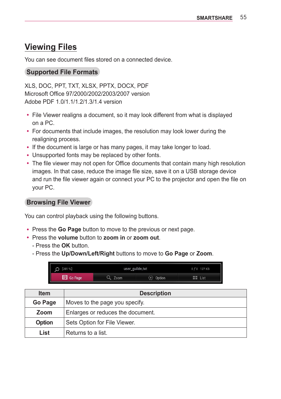 Viewing files | LG PF85U User Manual | Page 55 / 120