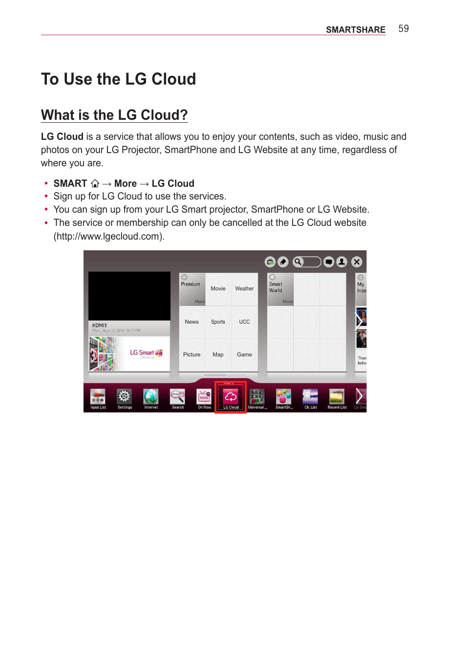 To use the lg cloud, What is the lg cloud | LG PF85U User Manual | Page 59 / 120