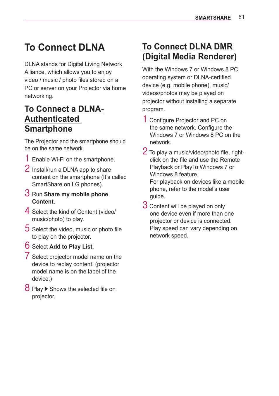 To connect dlna, To connect a dlna-authenticated smartphone, To connect dlna dmr (digital media renderer) | To connect a dlna-authenticated, Smartphone, To connect dlna dmr (digital media, Renderer) | LG PF85U User Manual | Page 61 / 120