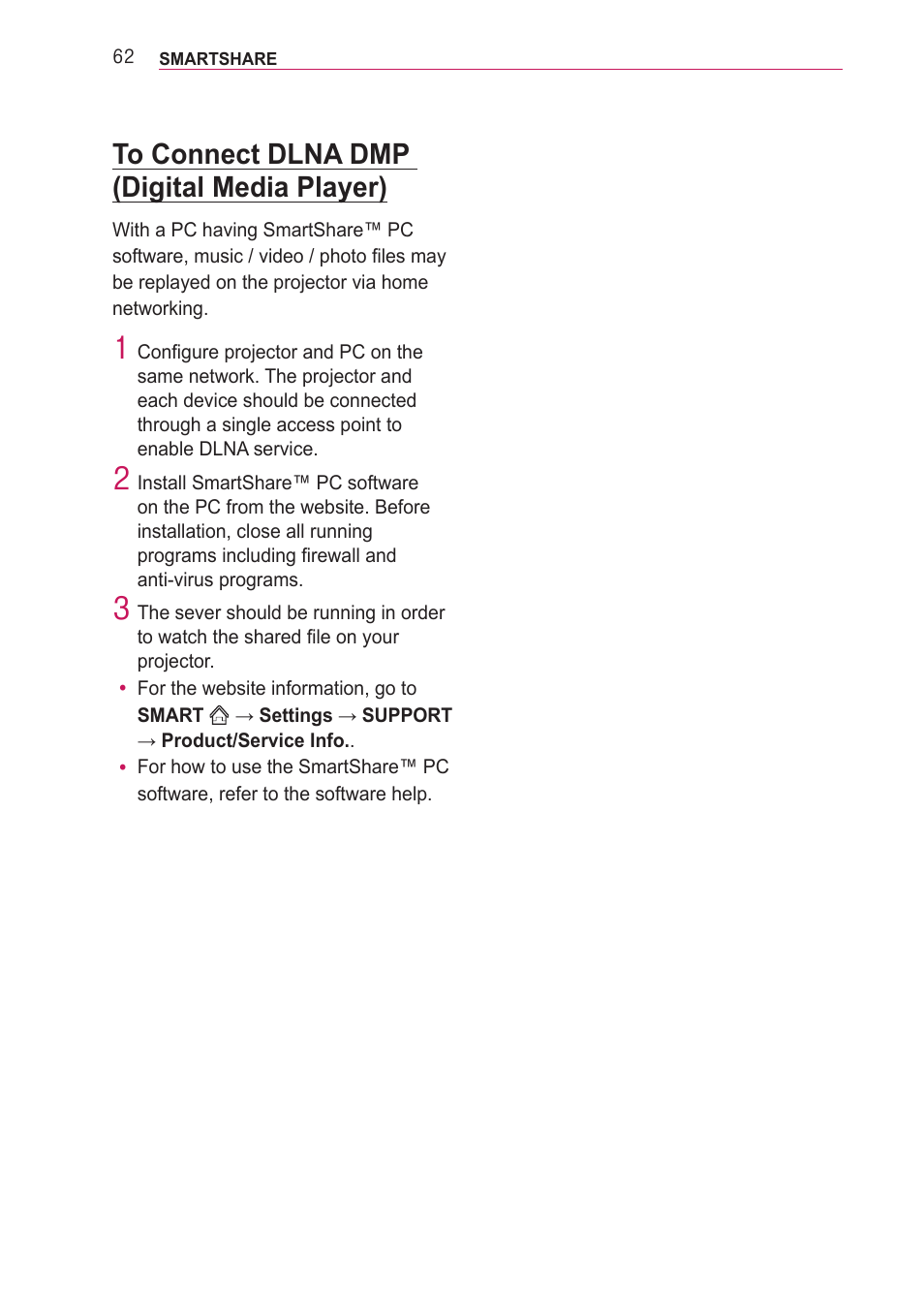 To connect dlna dmp (digital media player), To connect dlna dmp (digital media, Player) | LG PF85U User Manual | Page 62 / 120