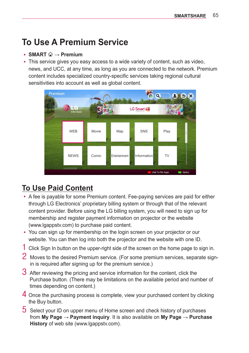 To use a premium service, To use paid content | LG PF85U User Manual | Page 65 / 120