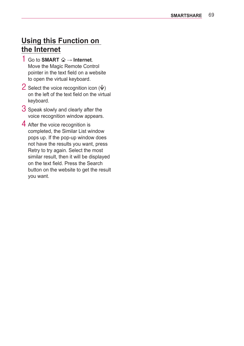 Using this function on the internet | LG PF85U User Manual | Page 69 / 120