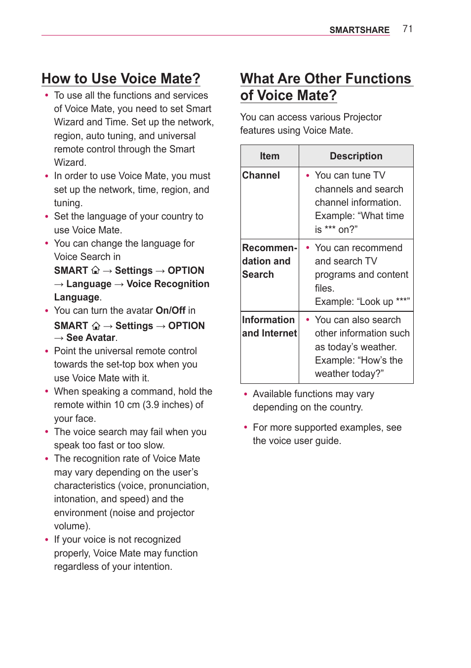 How to use voice mate, What are other functions of voice mate | LG PF85U User Manual | Page 71 / 120