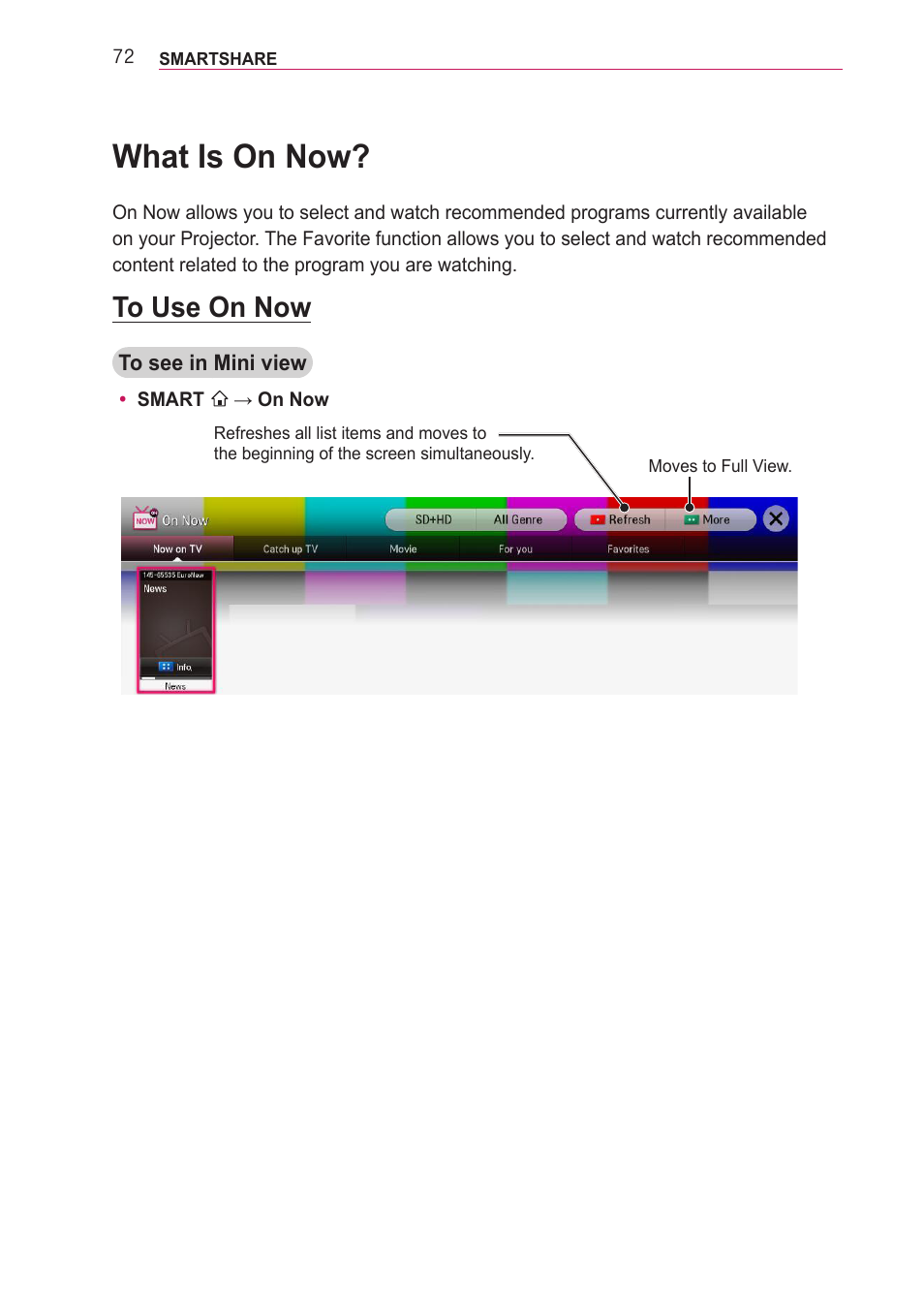 What is on now, To use on now | LG PF85U User Manual | Page 72 / 120