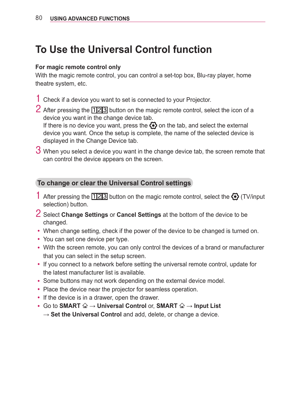 To use the universal control function, To use the universal control function 80 | LG PF85U User Manual | Page 80 / 120