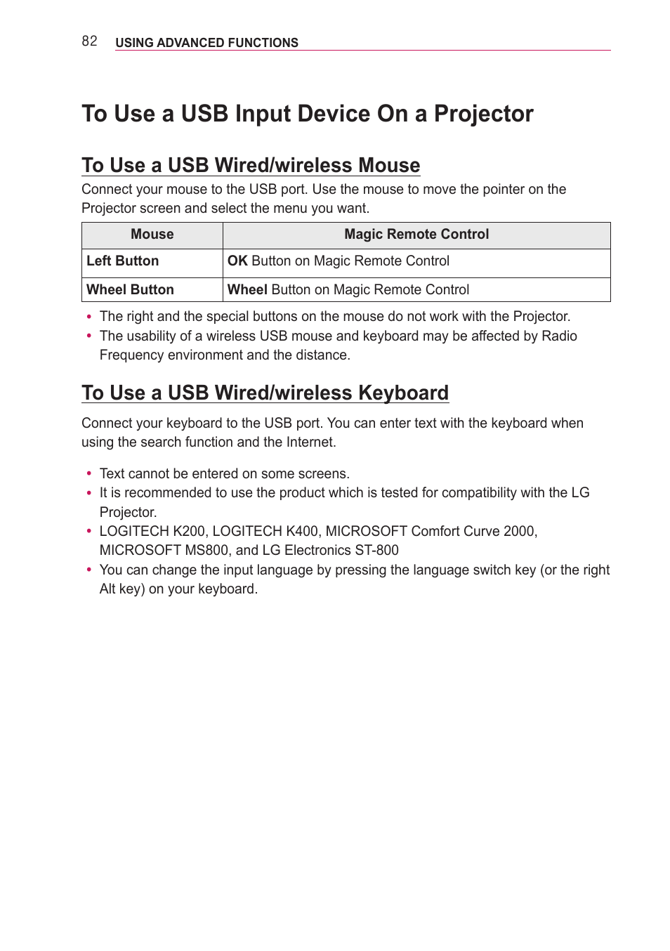 To use a usb input device on a projector, To use a usb wired/wireless mouse, To use a usb wired/wireless keyboard | To use a usb wired/wireless mouse 82 | LG PF85U User Manual | Page 82 / 120
