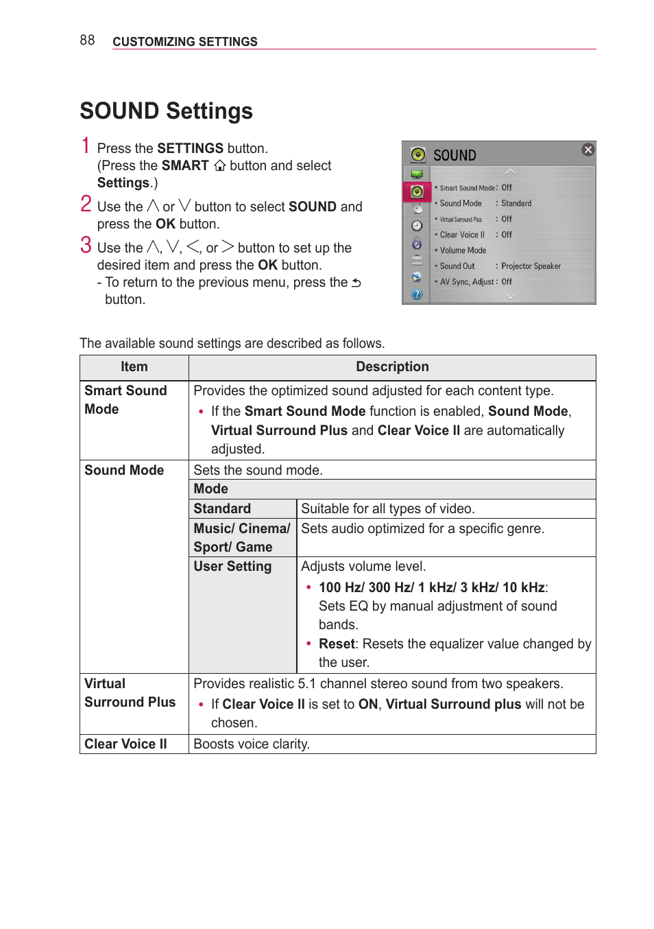 Sound settings | LG PF85U User Manual | Page 88 / 120