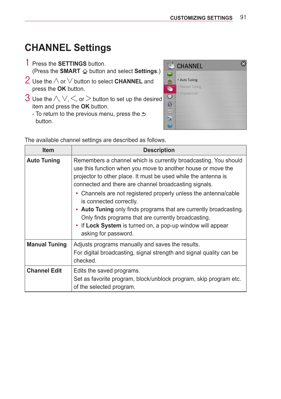 Channel settings | LG PF85U User Manual | Page 91 / 120