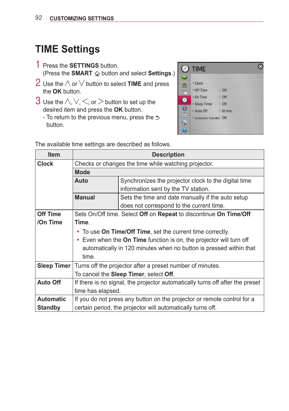 Time settings | LG PF85U User Manual | Page 92 / 120