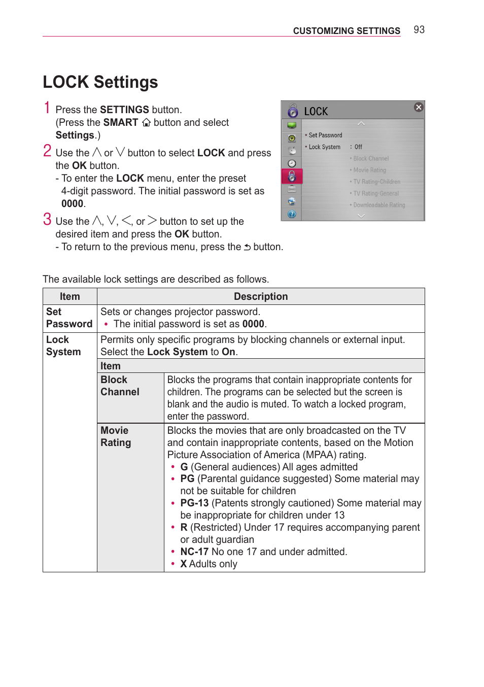 Lock settings | LG PF85U User Manual | Page 93 / 120
