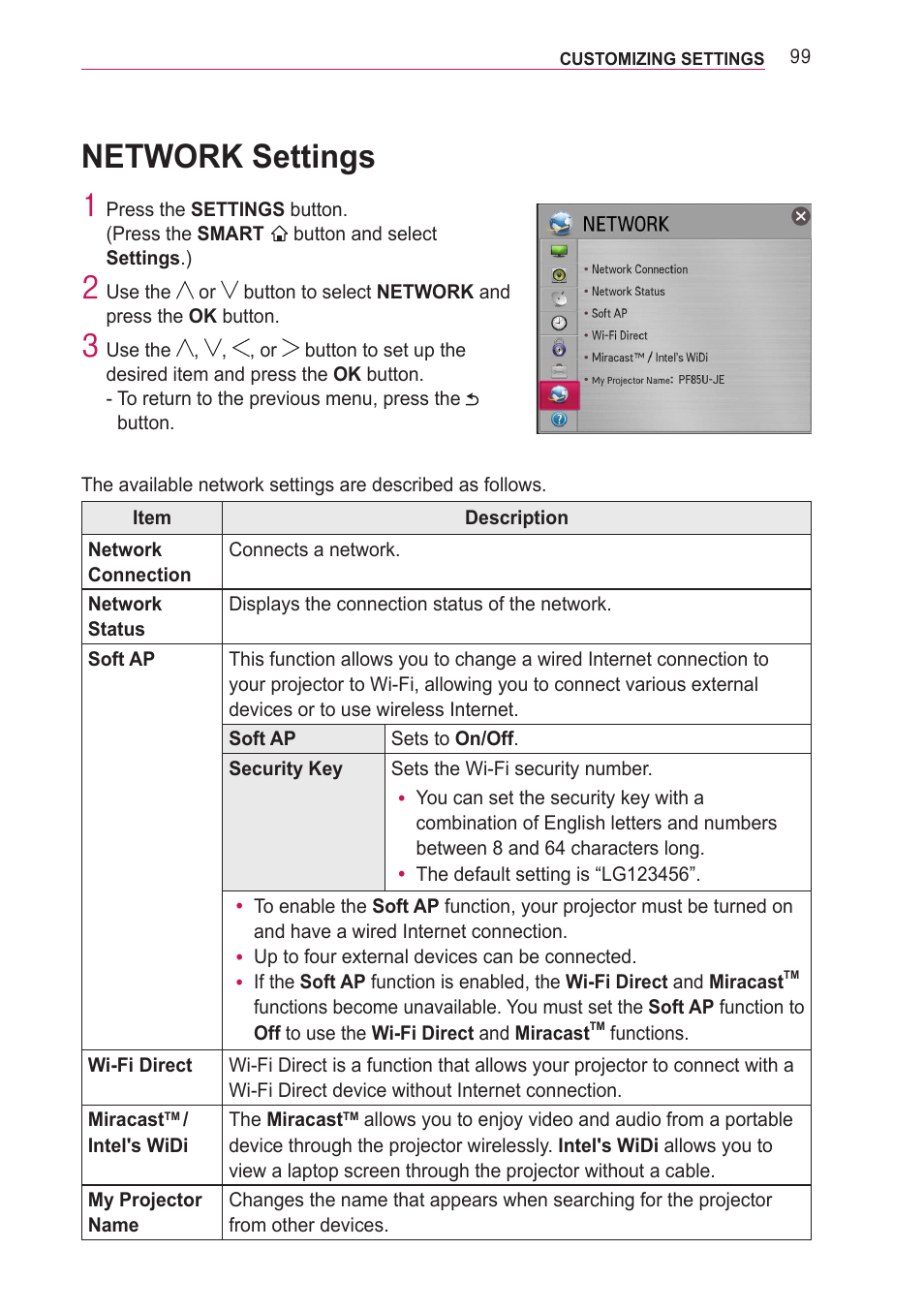 Network settings | LG PF85U User Manual | Page 99 / 120