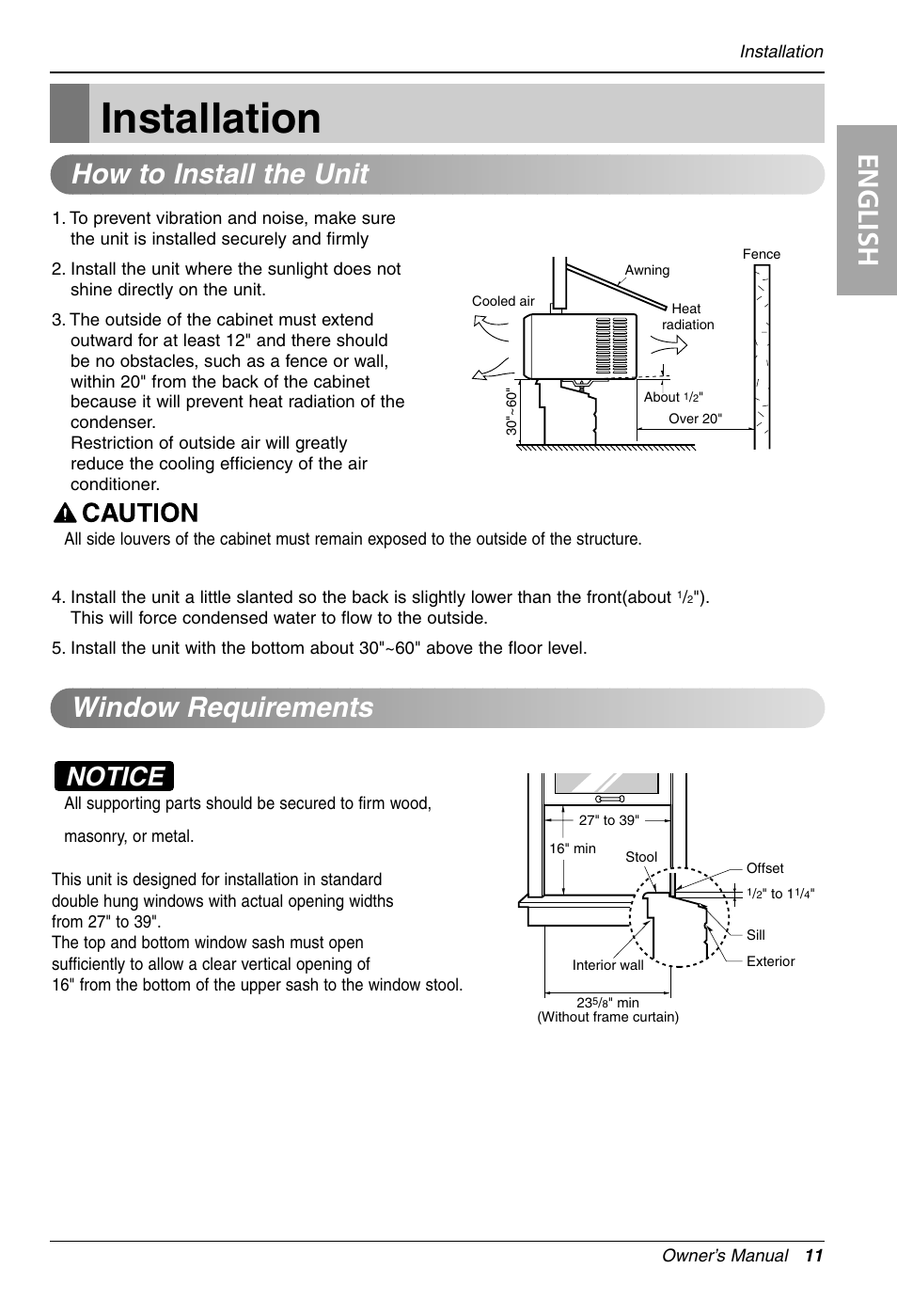 Installation, English, How to install the unit window requirements | Notice | LG LW1210HR User Manual | Page 11 / 44