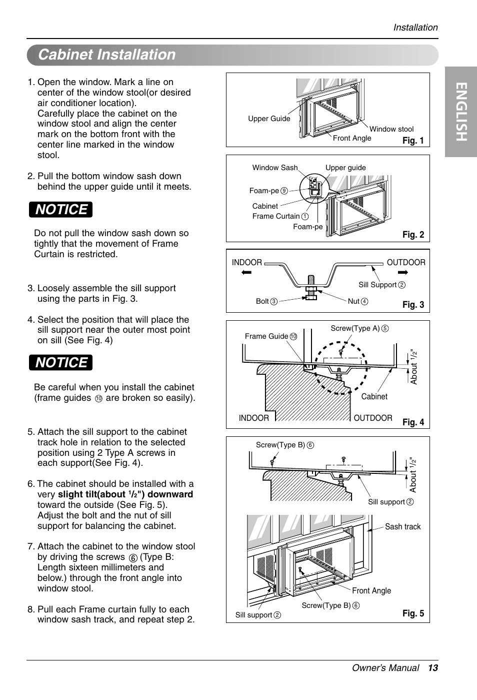English, Cabinet installation, Notice | LG LW1210HR User Manual | Page 13 / 44