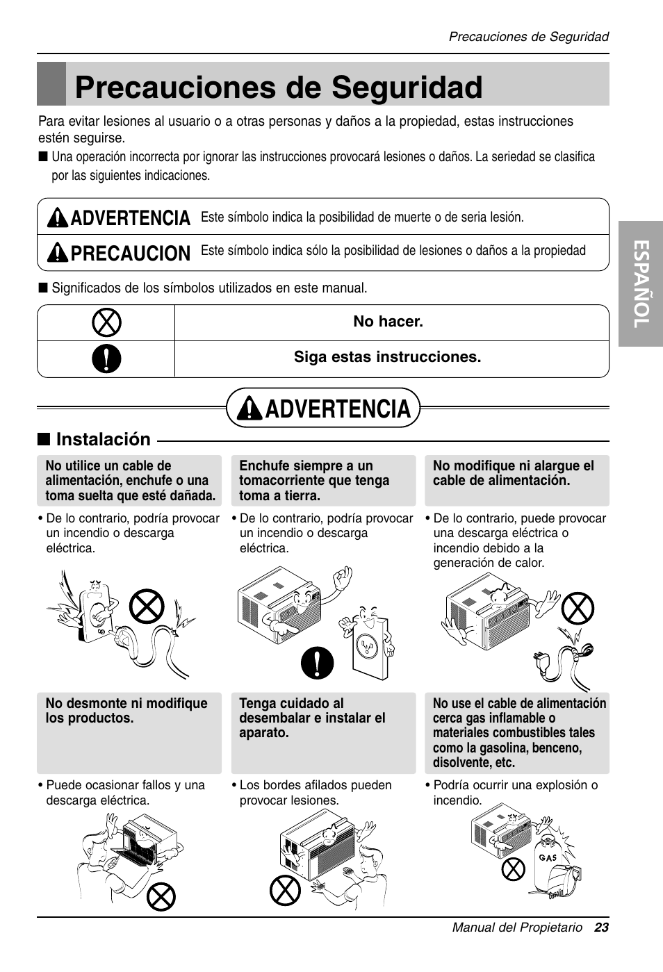 Precauciones de seguridad, Advertencia, Esp añol | Advertencia precaucion, Instalación | LG LW1210HR User Manual | Page 23 / 44