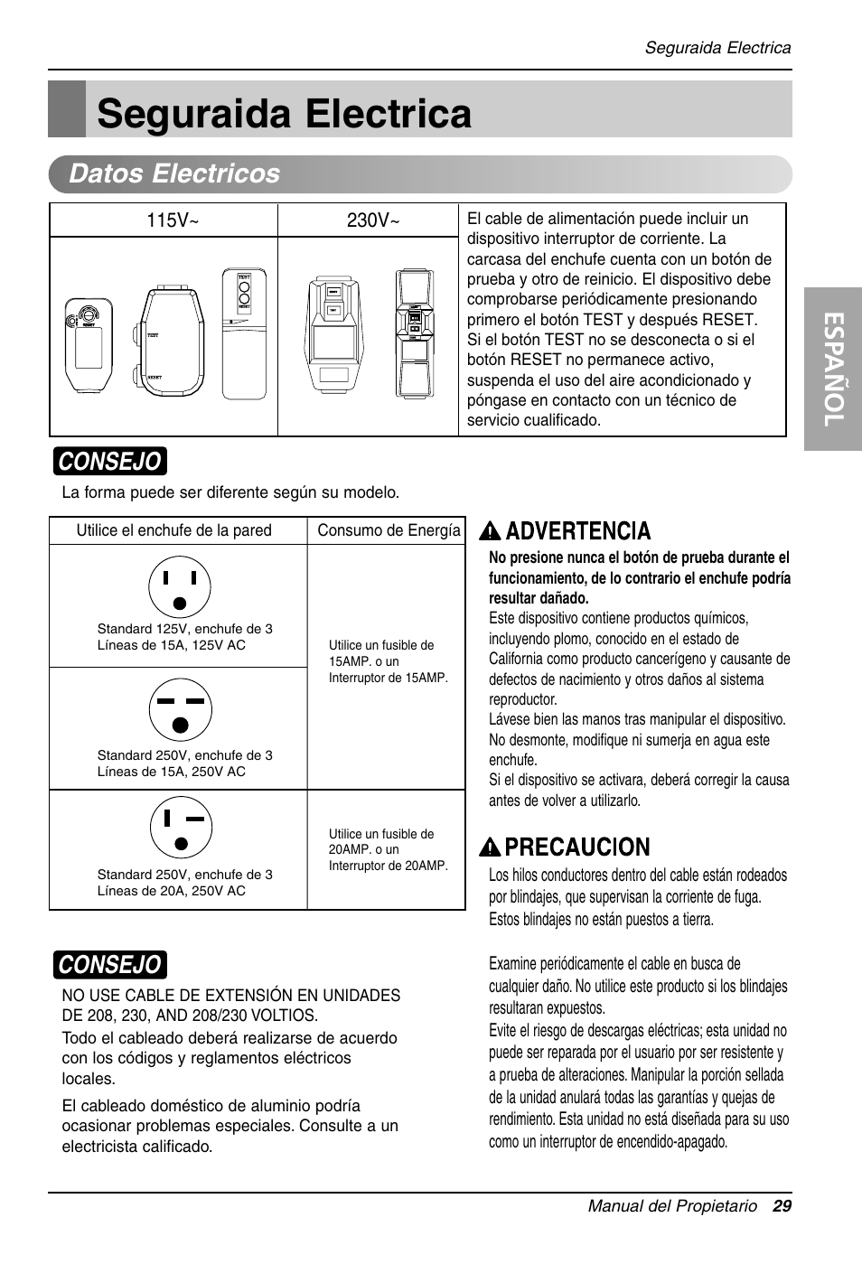 Seguraida electrica, Esp añol, Datos electricos | Consejo | LG LW1210HR User Manual | Page 29 / 44