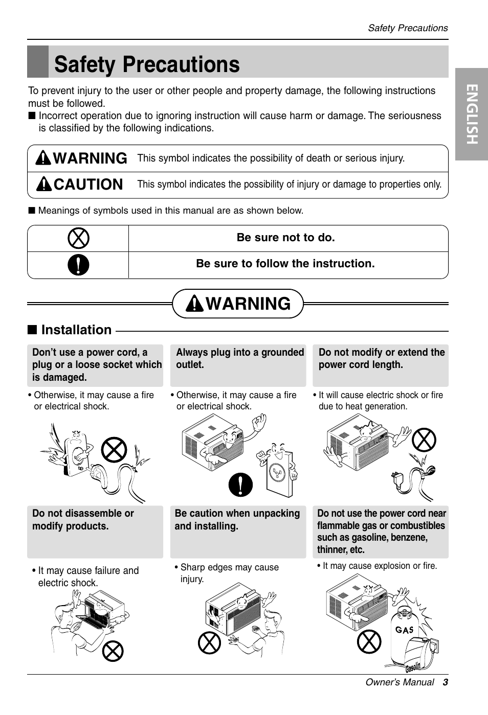Safety precautions, Warning, English | Warning caution, Installation | LG LW1210HR User Manual | Page 3 / 44