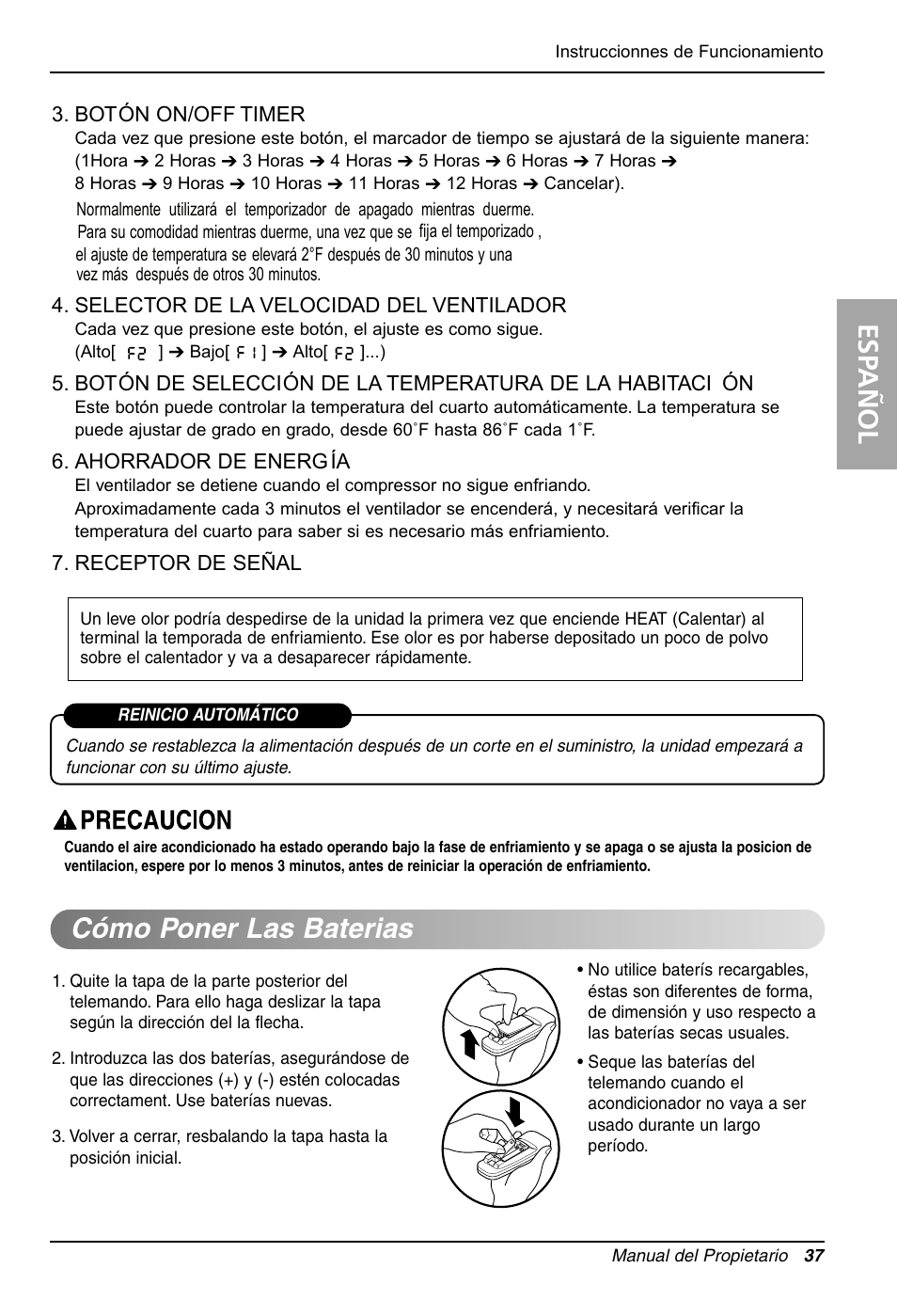 Cómo poner las baterias (aaa), Esp añol | LG LW1210HR User Manual | Page 37 / 44