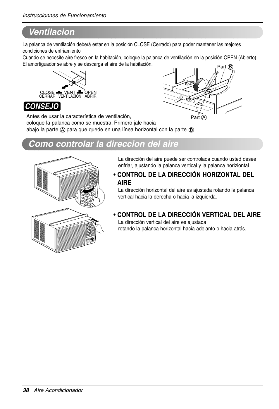 Ventilacion, Como controlar la direccion del aire, Consejo | LG LW1210HR User Manual | Page 38 / 44