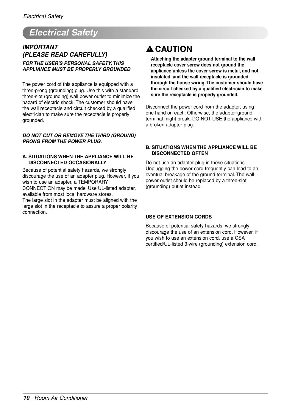 Electrical safety | LG LP090HED1 User Manual | Page 10 / 27