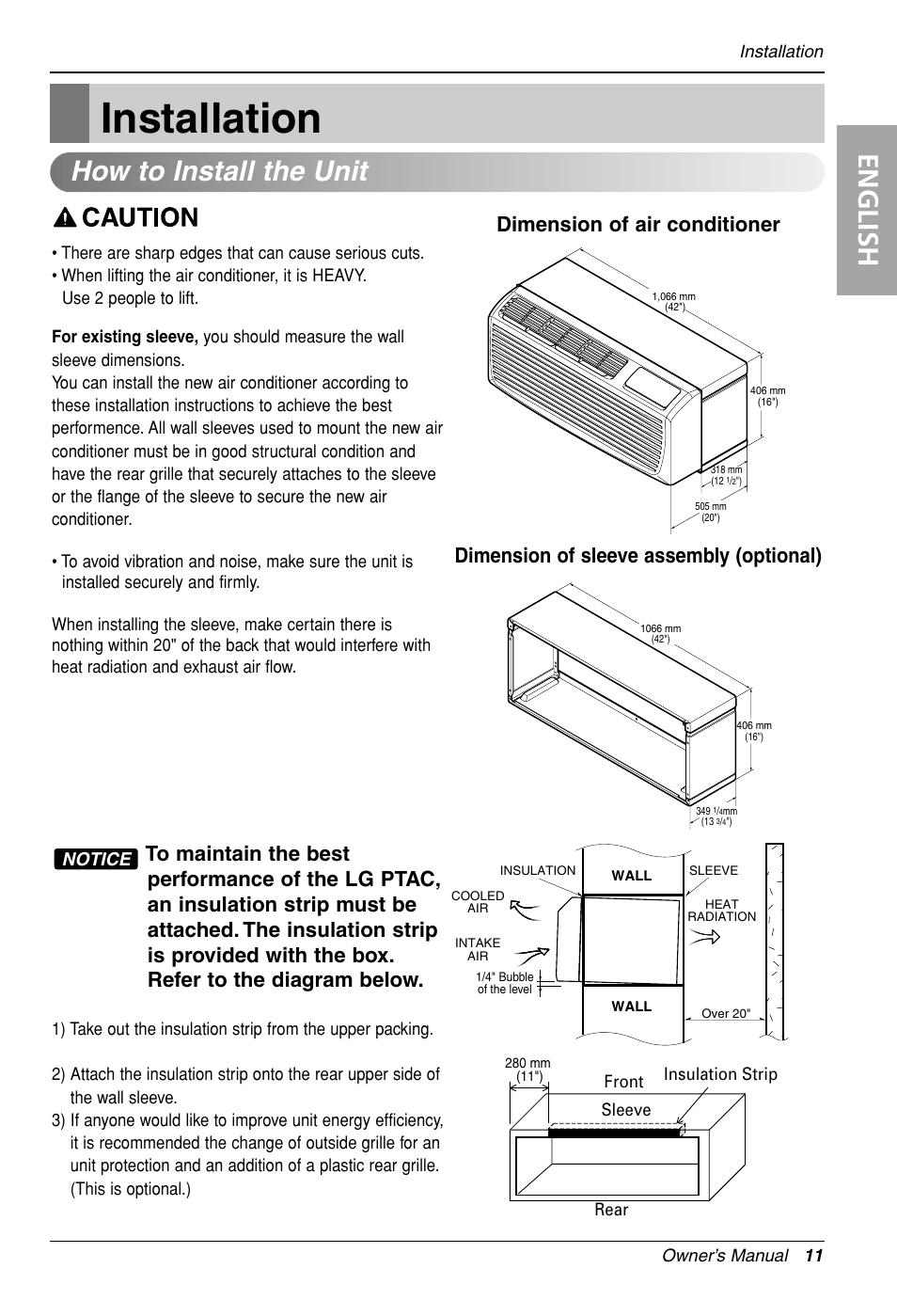 Installation, English, How to install the unit | Notice | LG LP090HED1 User Manual | Page 11 / 27