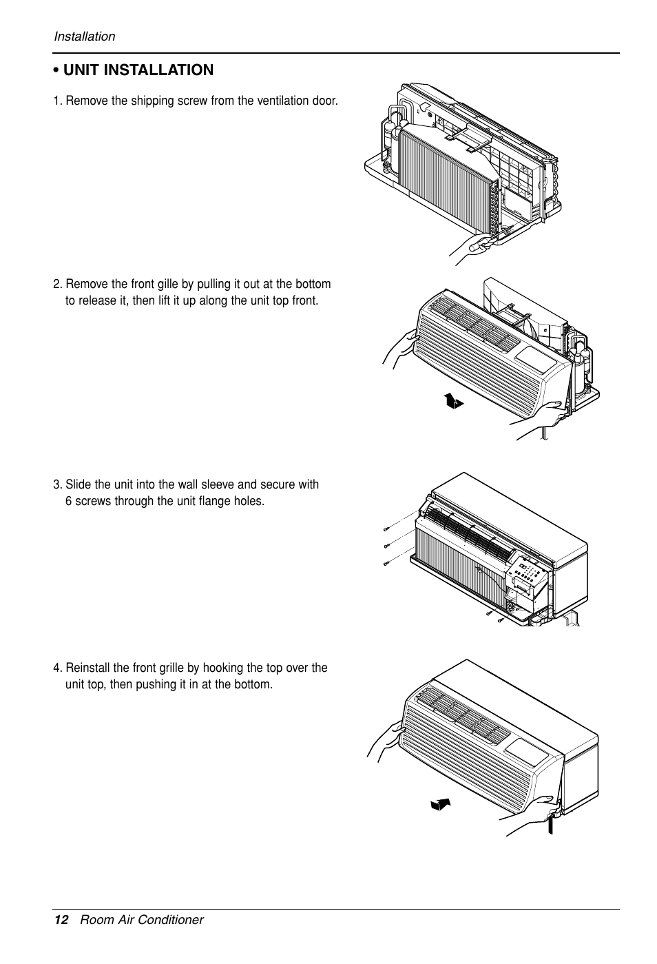 Unit installation | LG LP090HED1 User Manual | Page 12 / 27