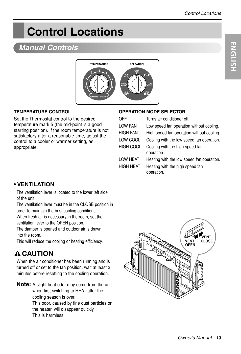 Control locations, English, Manual controls | LG LP090HED1 User Manual | Page 13 / 27