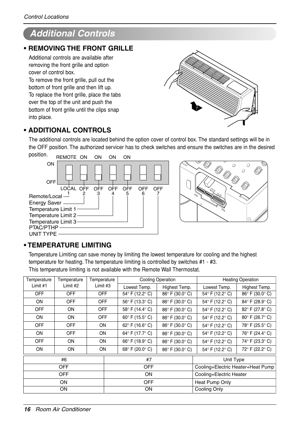 Additional controls, Removing the front grille, Temperature limiting | LG LP090HED1 User Manual | Page 16 / 27