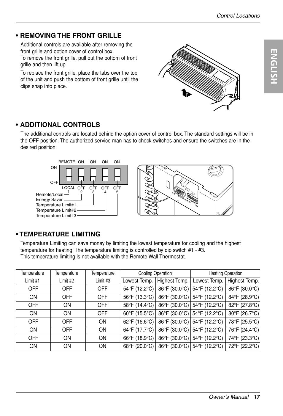 English, Temperature limiting, Removing the front grille | Additional controls | LG LP090HED1 User Manual | Page 17 / 27