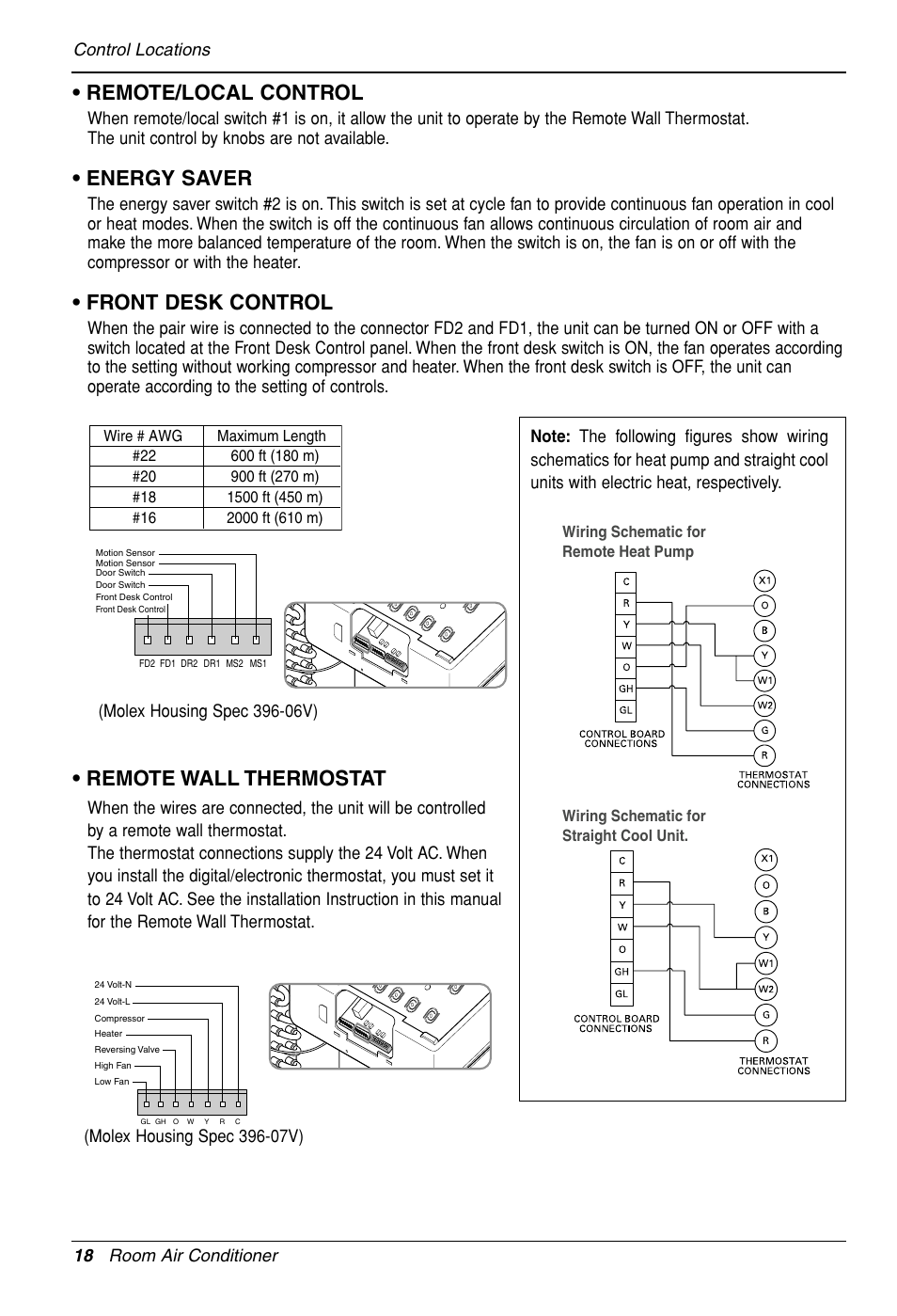 Remote/local control, Energy saver, Front desk control | Remote wall thermostat, 18 room air conditioner control locations | LG LP090HED1 User Manual | Page 18 / 27