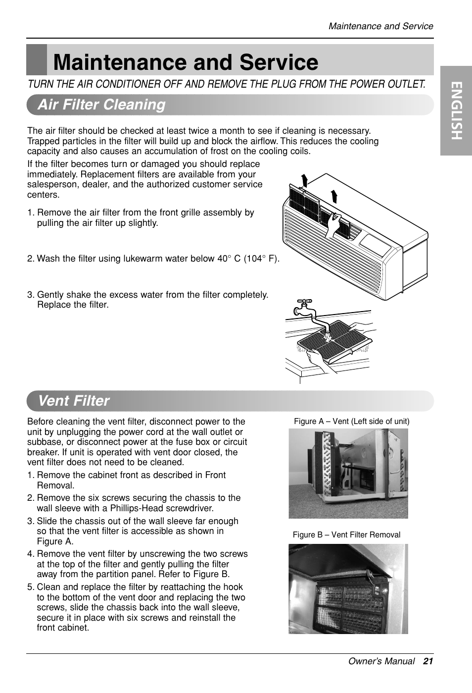 Maintenance and service, English, Air filter cleaning vent filter | LG LP090HED1 User Manual | Page 21 / 27