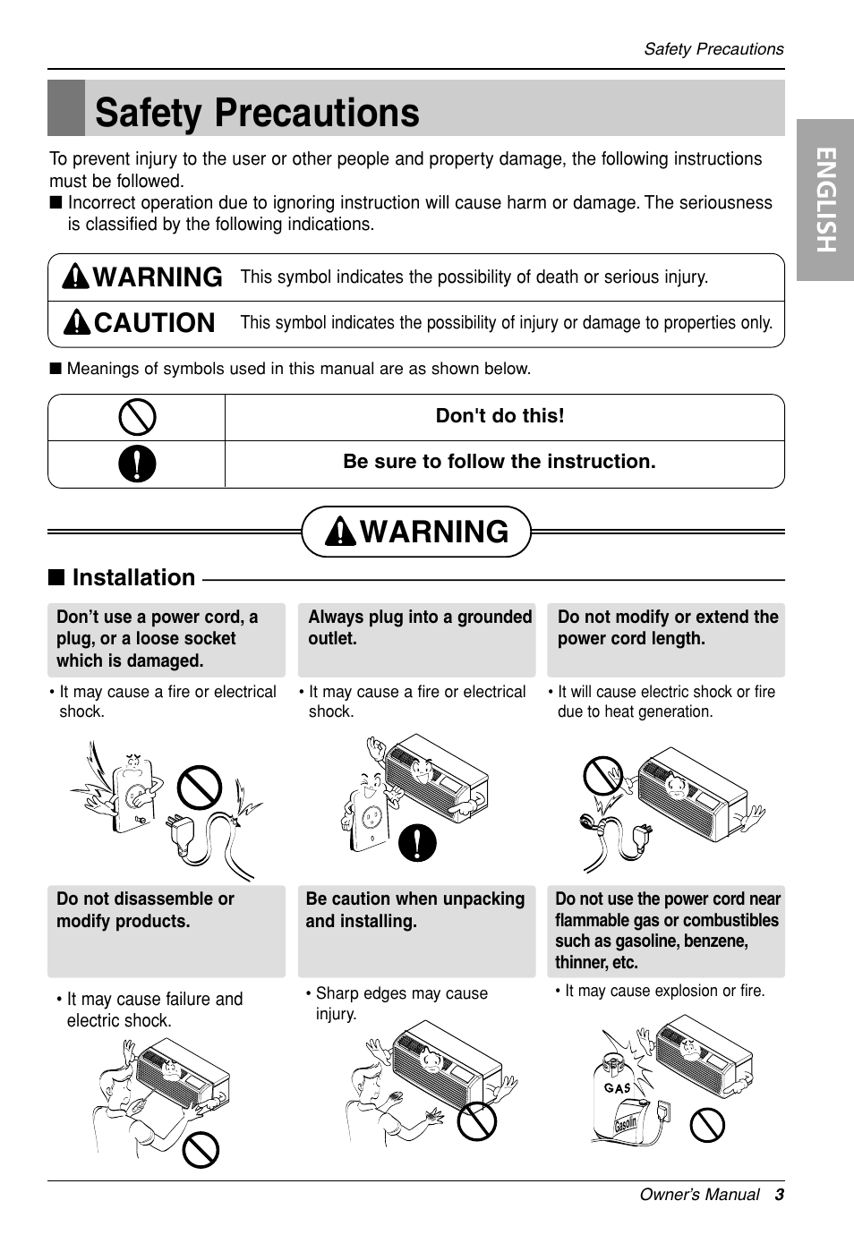 Safety precautions, Warning, English | Warning caution, Installation | LG LP090HED1 User Manual | Page 3 / 27