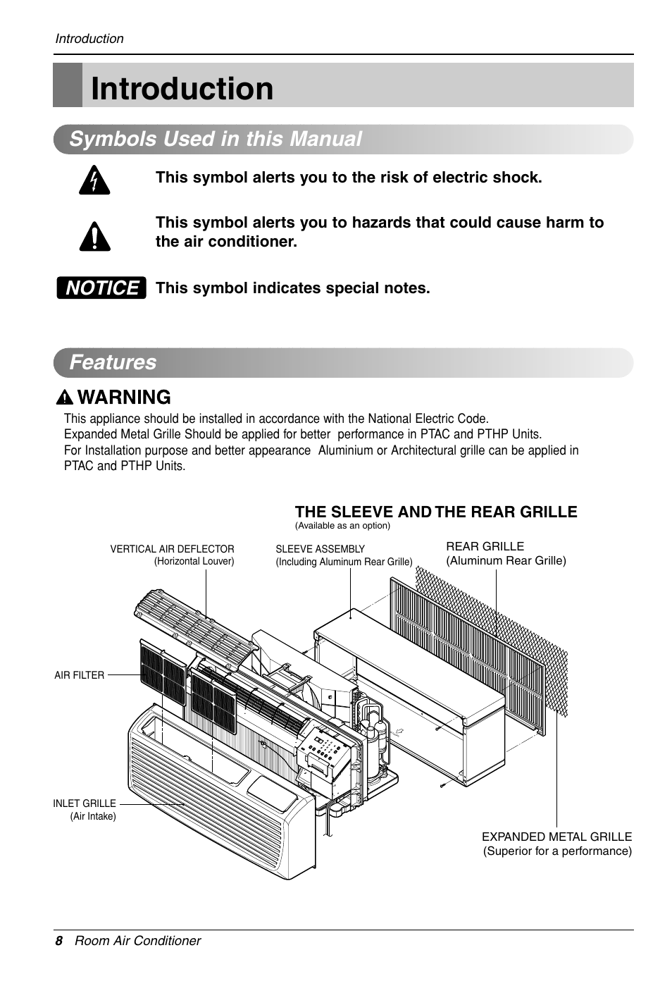 Introduction, Symbols used in this manual features, Notice | LG LP090HED1 User Manual | Page 8 / 27