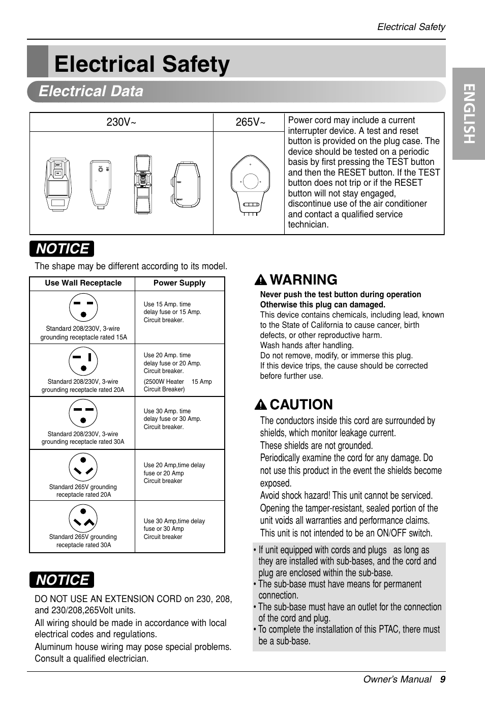 Electrical safety, English, Electrical data | Notice | LG LP090HED1 User Manual | Page 9 / 27