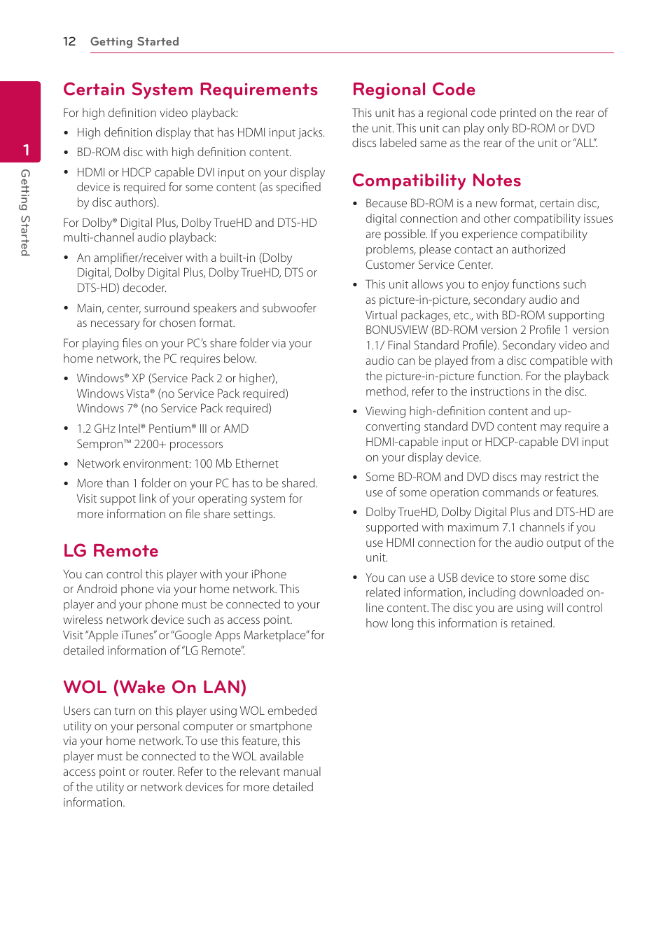 Certain system requirements, Lg remote, Wol (wake on lan) | Regional code, Compatibility notes | LG BD650 User Manual | Page 12 / 64