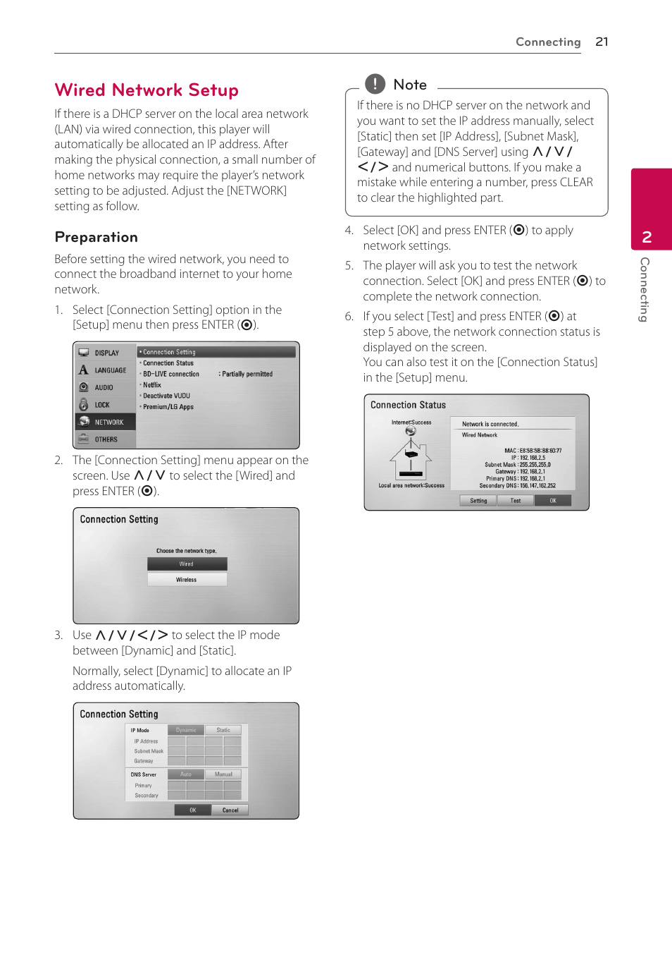 Wired network setup, 21 – wired network setup | LG BD650 User Manual | Page 21 / 64