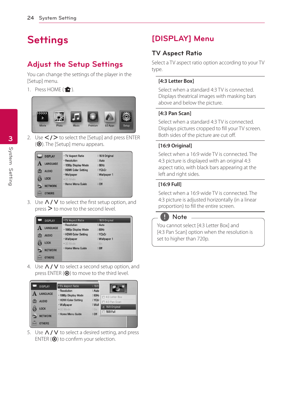 3 system setting, Settings, Adjust the setup settings | Display] menu | LG BD650 User Manual | Page 24 / 64