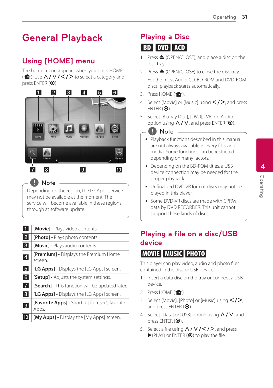 4 operating, General playback, Using [home] menu | Playing a disc, Playing a file on a disc/usb device, Playing a disc ert, Playing a file on a disc/usb device yui | LG BD650 User Manual | Page 31 / 64