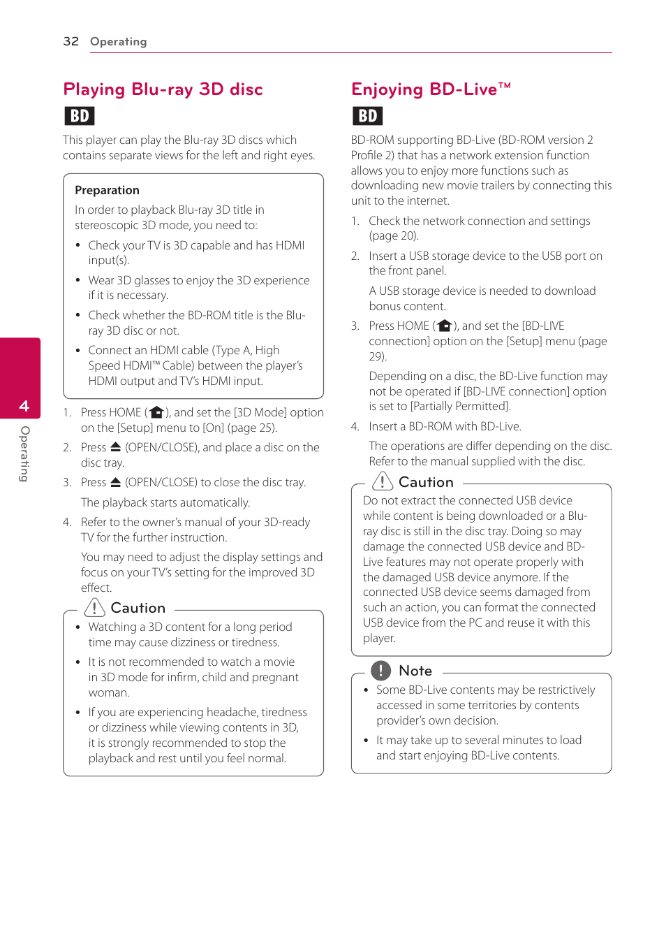 Playing blu-ray 3d disc, Enjoying bd-live, 32 – playing blu-ray 3d disc 32 – enjoying bd-live | Playing blu-ray 3d disc e, Enjoying bd-live™ e | LG BD650 User Manual | Page 32 / 64