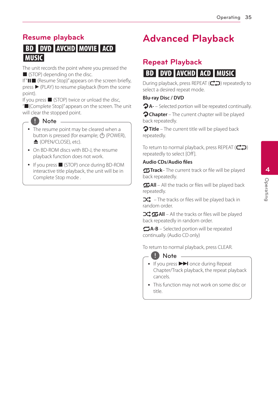 Resume playback, Advanced playback, Repeat playback | Resume playback eroyt u, Repeat playback erotu | LG BD650 User Manual | Page 35 / 64