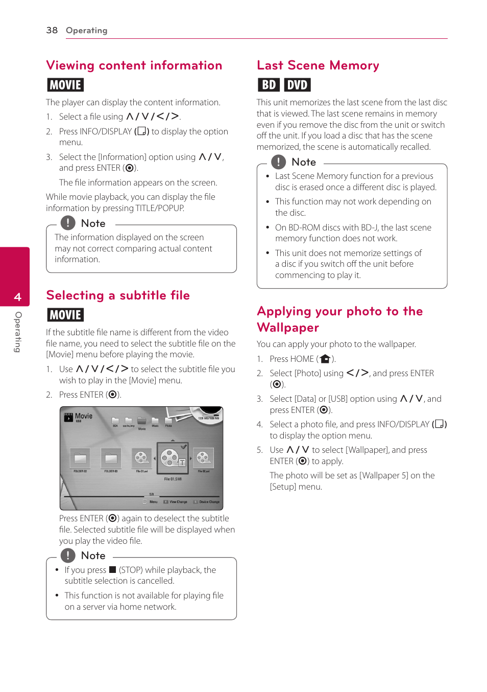 Viewing content information, Selecting a subtitle file, Last scene memory | Applying your photo to the wallpaper, Viewing content information y, Selecting a subtitle file y | LG BD650 User Manual | Page 38 / 64