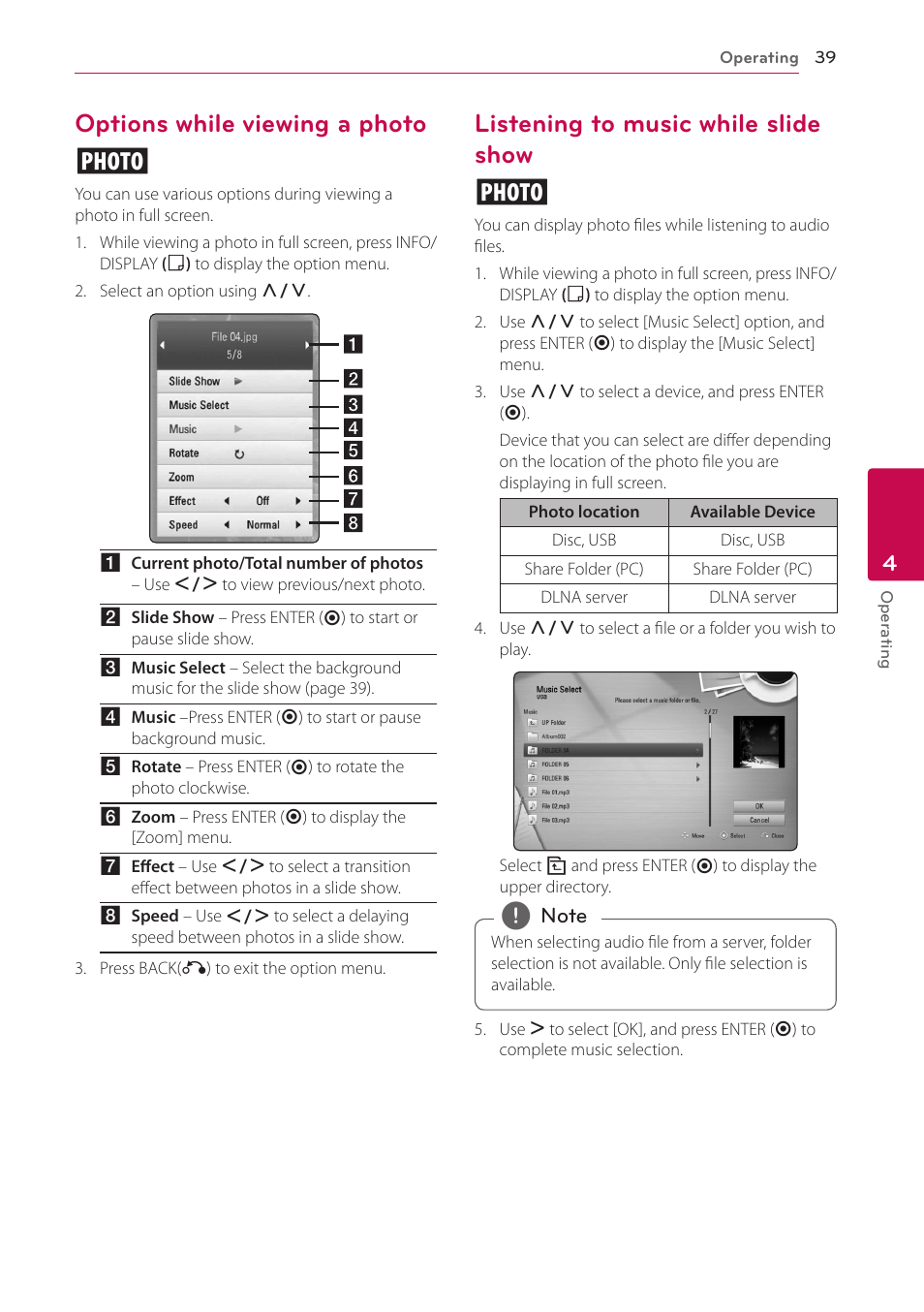 Options while viewing a photo, Listening to music while slide show, Options while viewing a photo i | Listening to music while slide show i | LG BD650 User Manual | Page 39 / 64
