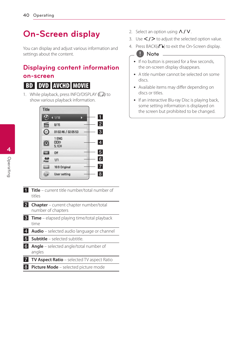 On-screen display, Displaying content information on-screen, Screen | Displaying content information on-screen eroy | LG BD650 User Manual | Page 40 / 64