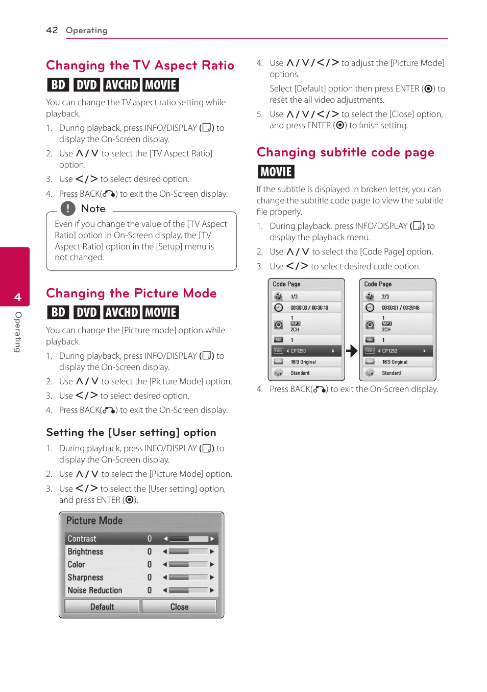 Changing the tv aspect ratio, Changing the picture mode, Changing the tv aspect ratio eroy | Changing the picture mode eroy, Changing subtitle code page y | LG BD650 User Manual | Page 42 / 64