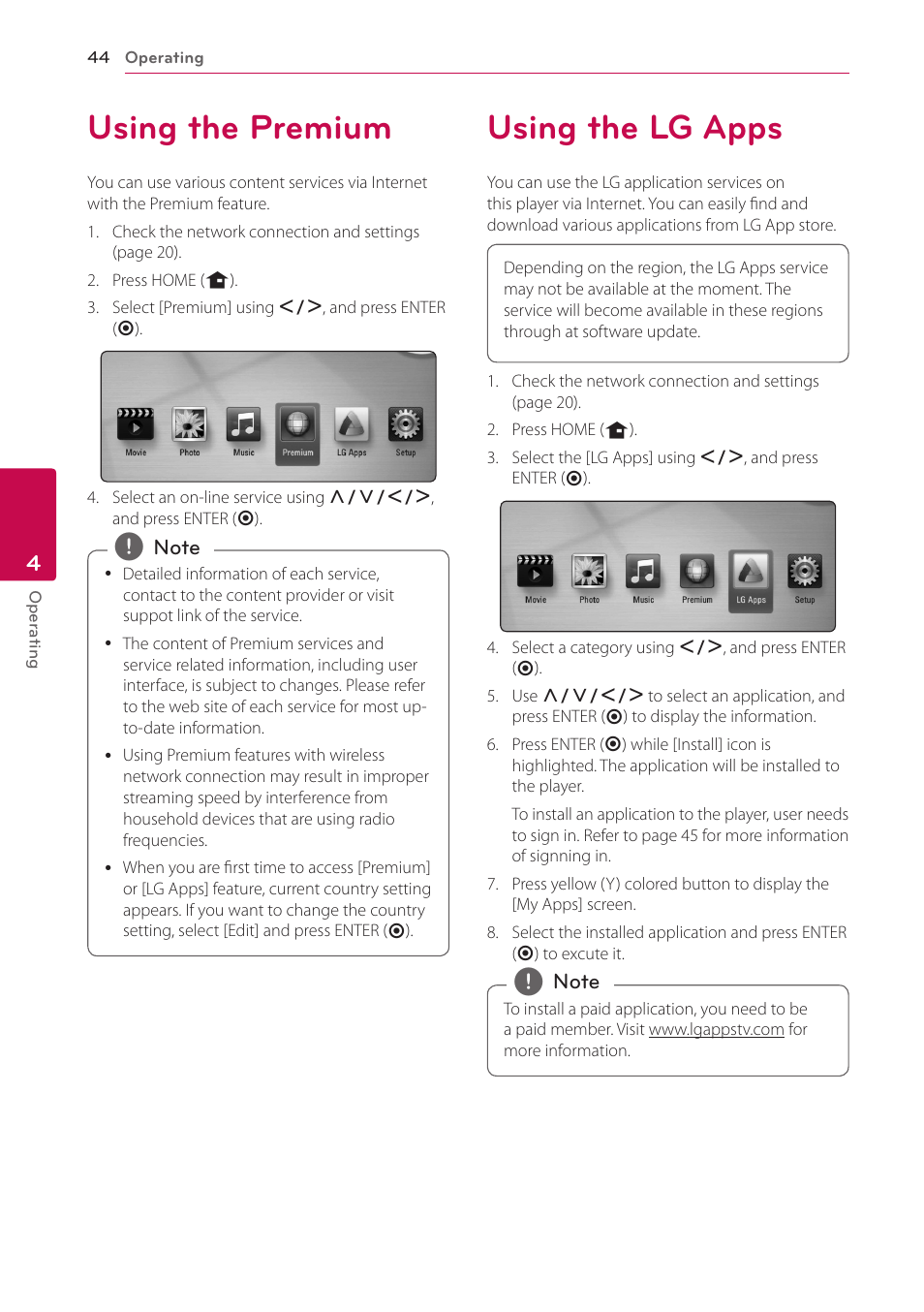 Using the premium, Using the lg apps, 44 using the premium 44 using the lg apps | LG BD650 User Manual | Page 44 / 64