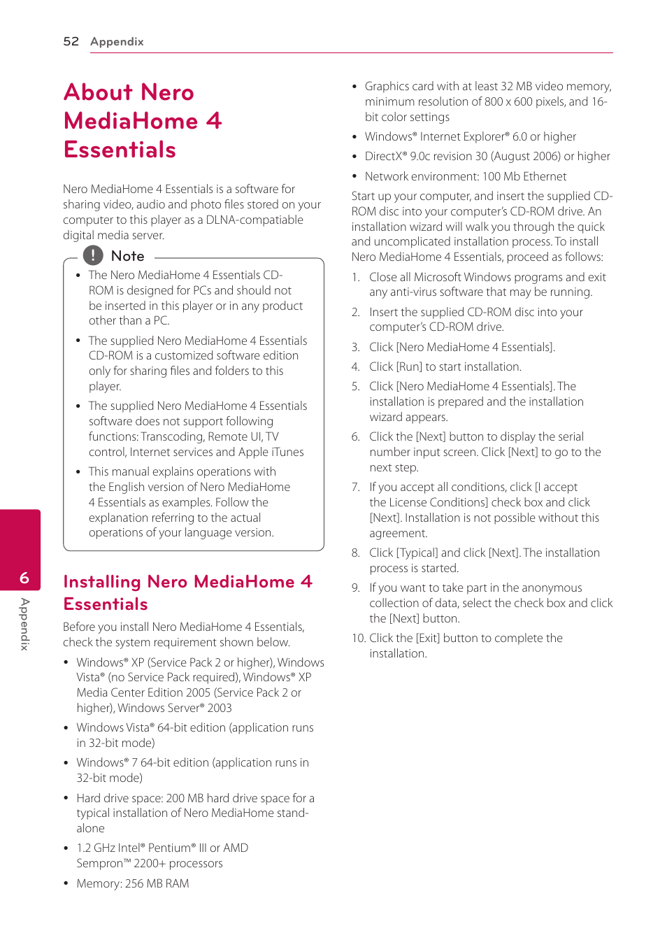 About nero mediahome 4 essentials, Installing nero mediahome 4 essentials, Essentials | LG BD650 User Manual | Page 52 / 64
