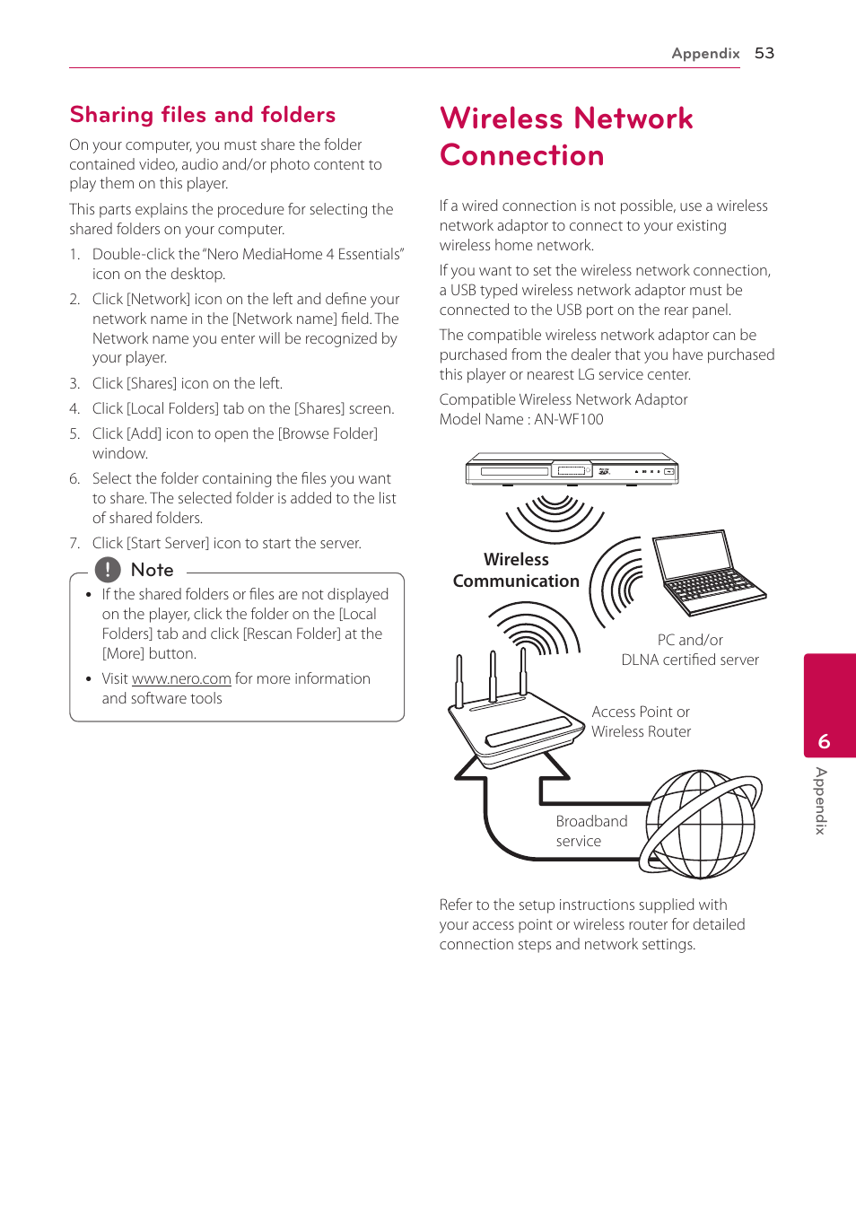 Sharing files and folders, Wireless network connection | LG BD650 User Manual | Page 53 / 64