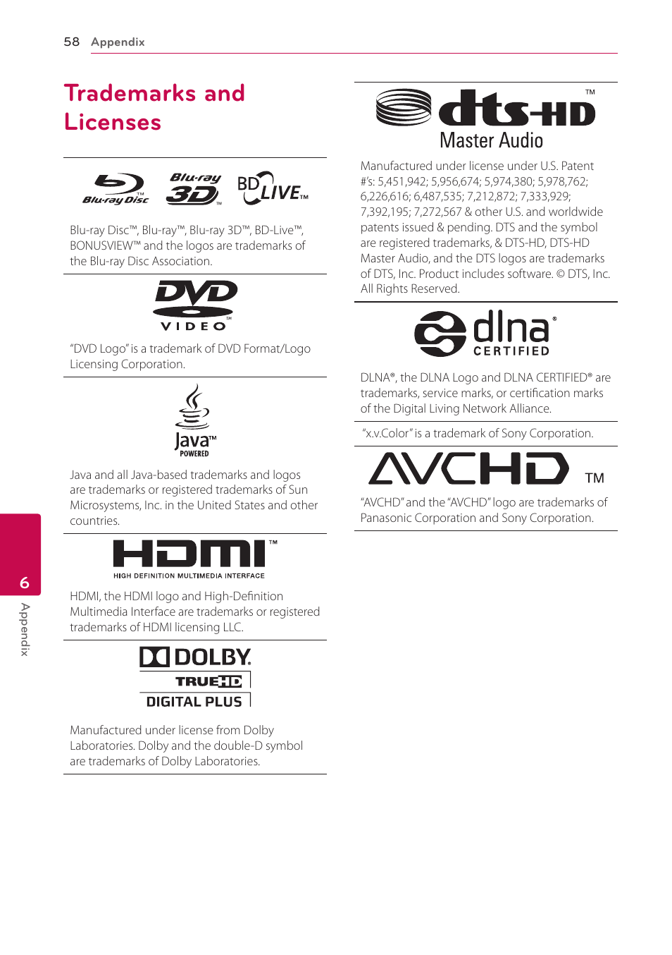 Trademarks and licenses, 58 trademarks and licenses | LG BD650 User Manual | Page 58 / 64