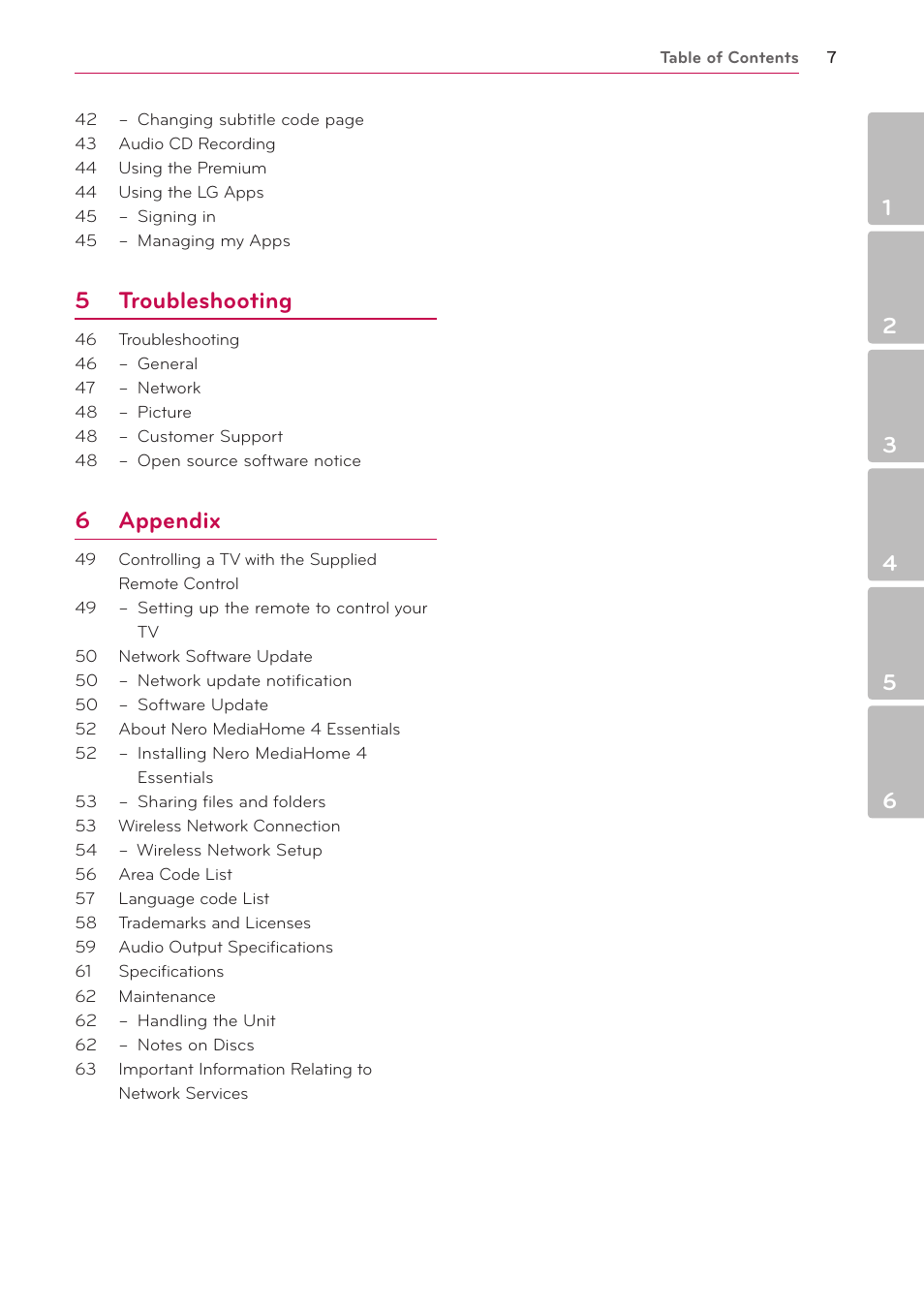 5 troubleshooting, 6 appendix | LG BD650 User Manual | Page 7 / 64