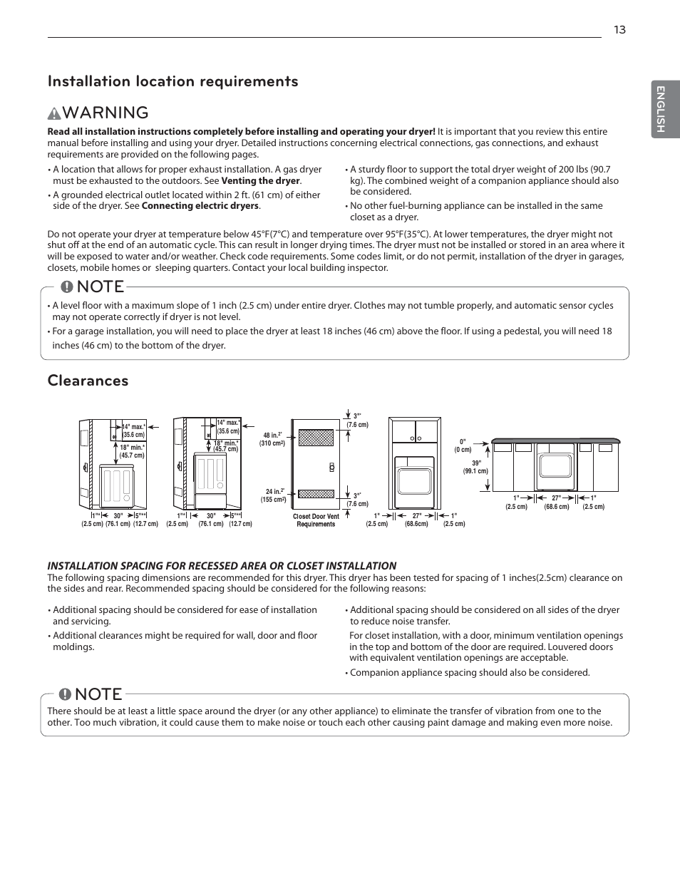 Warning, Installation location requirements, Clearances | LG DLHX4072W User Manual | Page 13 / 92
